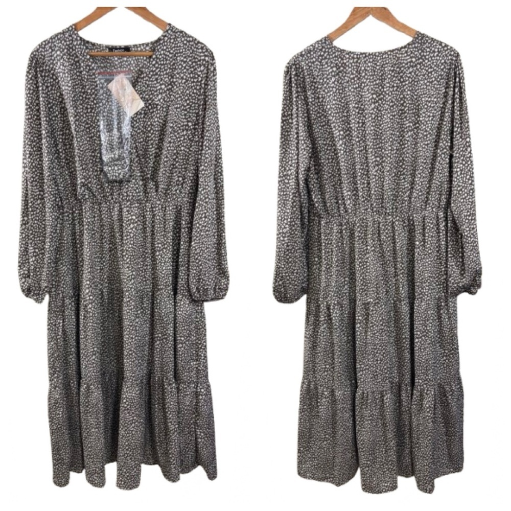 Fashion Brown White Leopard Print Tiered Surplice Long Sleeve Maxi Dress XL NEW